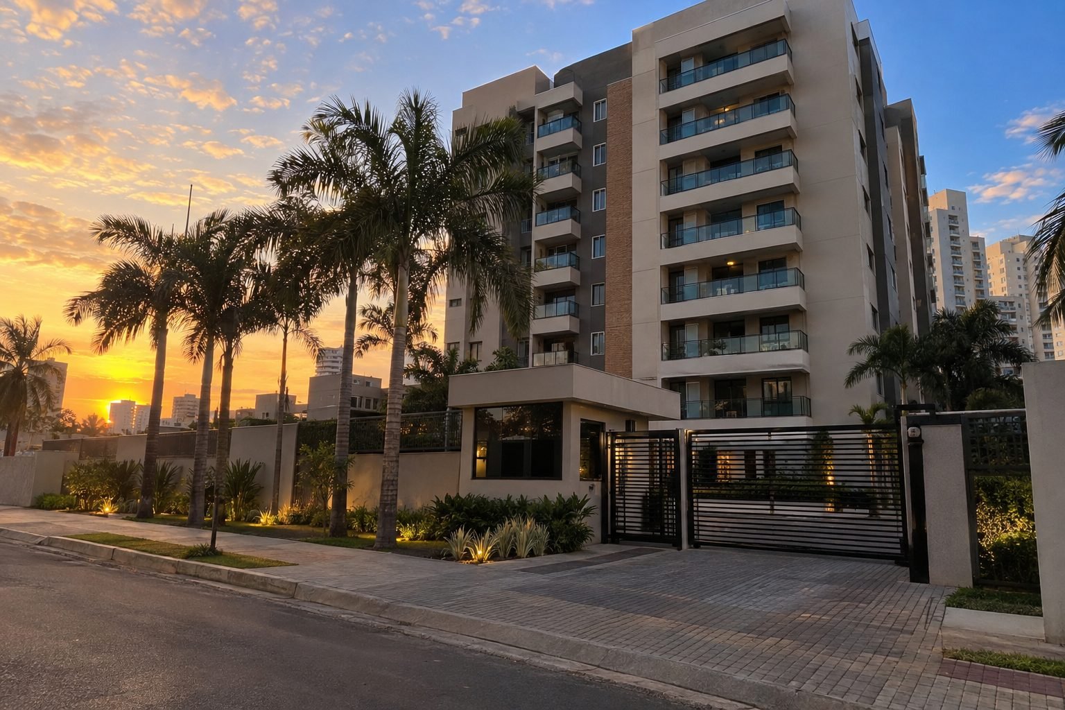 Fachada de um prédio residencial ao entardecer